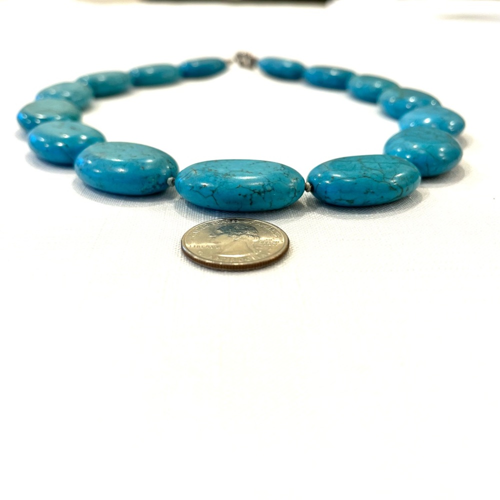 Vintage ~ Turquoise Flat Oval Stones ~ Large Necklace with Spring Clasp - Picture 11 of 11